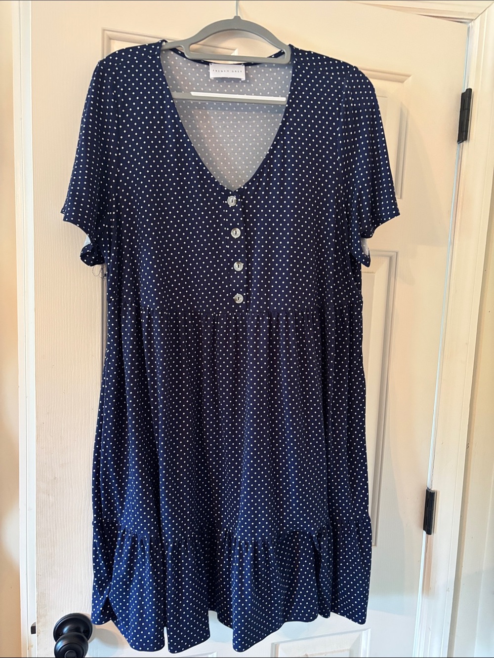 Navy Polka Dot Button-Front Midi Dress